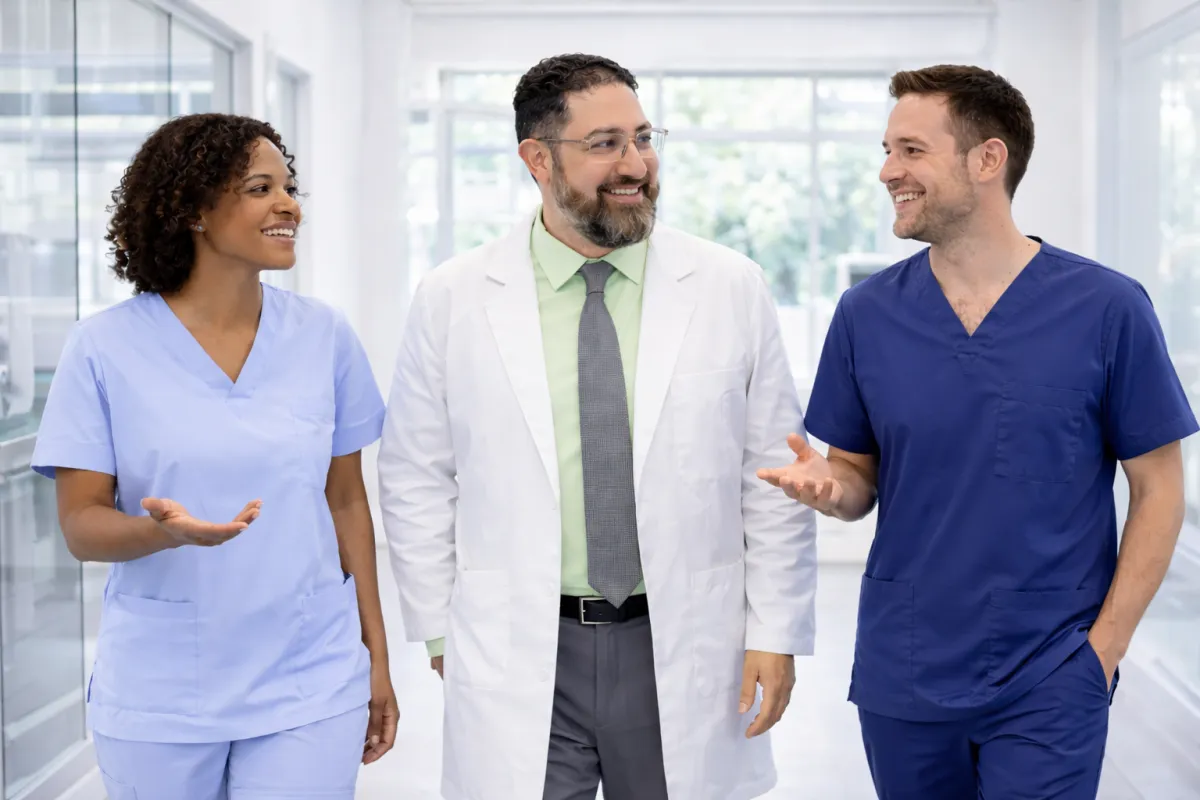 Three diverse female healthcare professionals walking together in a bright medical office hallway, smiling and collaborating