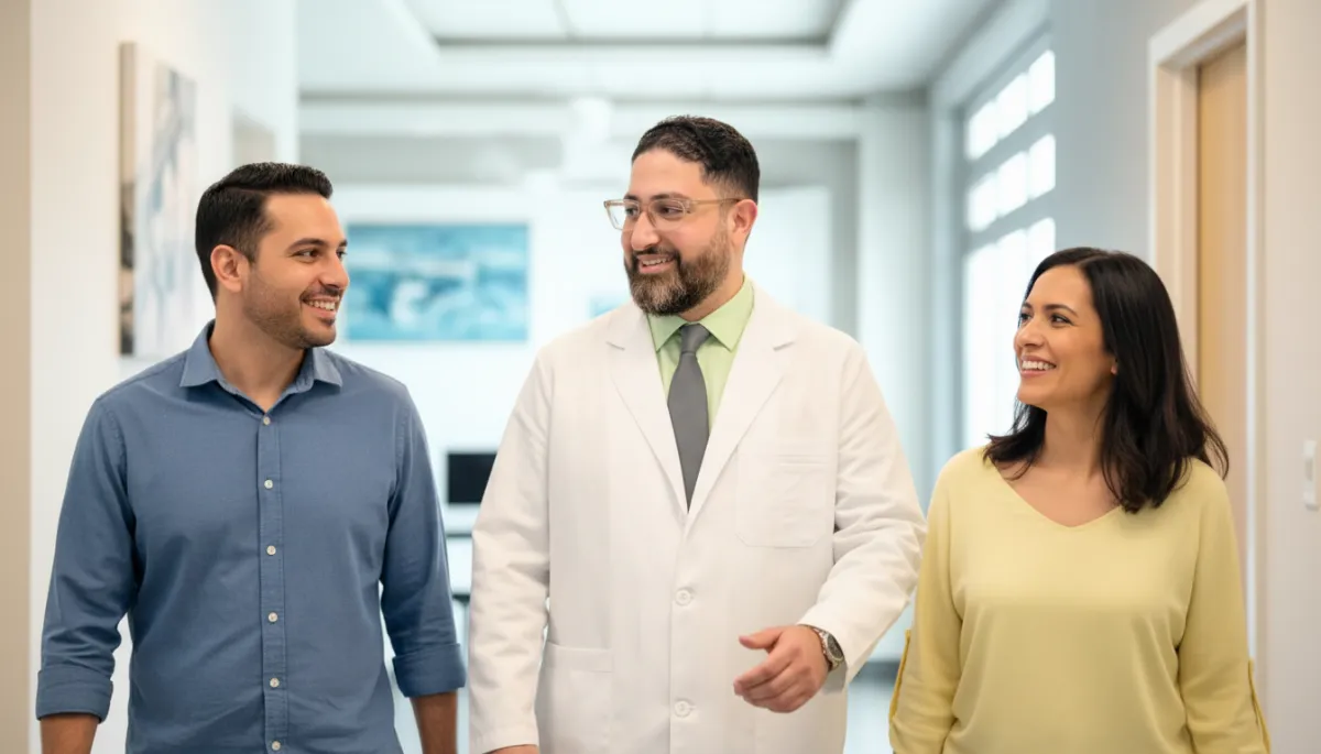 Three diverse female healthcare professionals walking together in a bright medical office hallway, smiling and collaborating