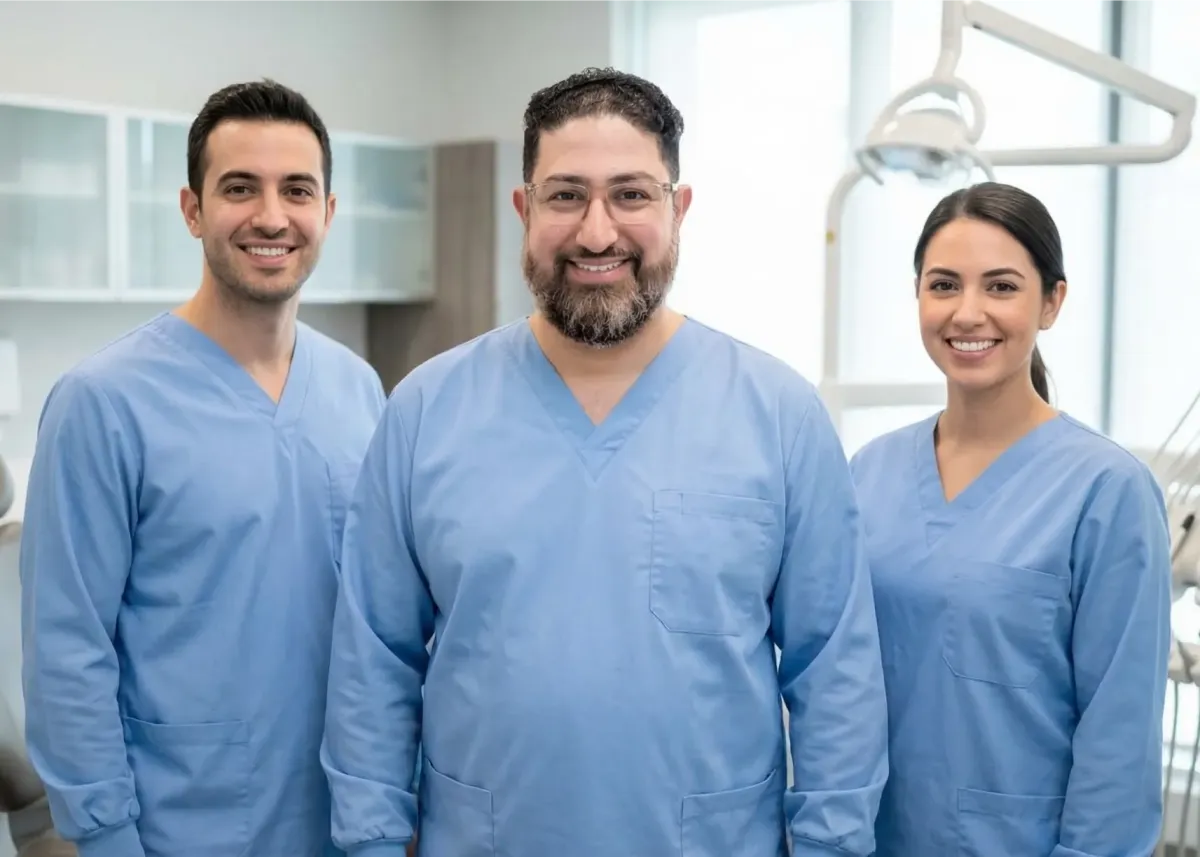 Dental team at Everlasting Smiles in Valley Stream NY wearing light blue scrubs