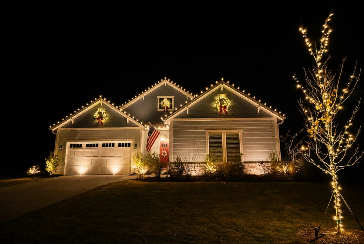 Outdoor holiday lighting display with warm white LED lights