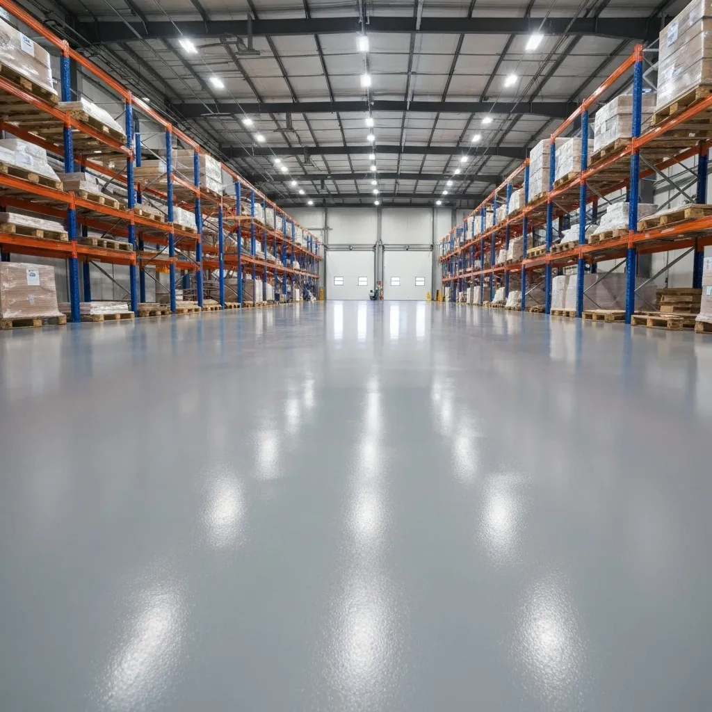 High-performance resin floor in a warehouse with bright reflective finish, ideal for heavy traffic and industrial use.