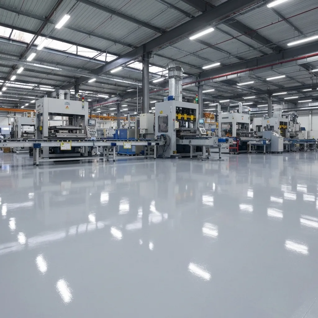 Durable resin flooring in a manufacturing facility providing chemical resistance and long-lasting surface protection.