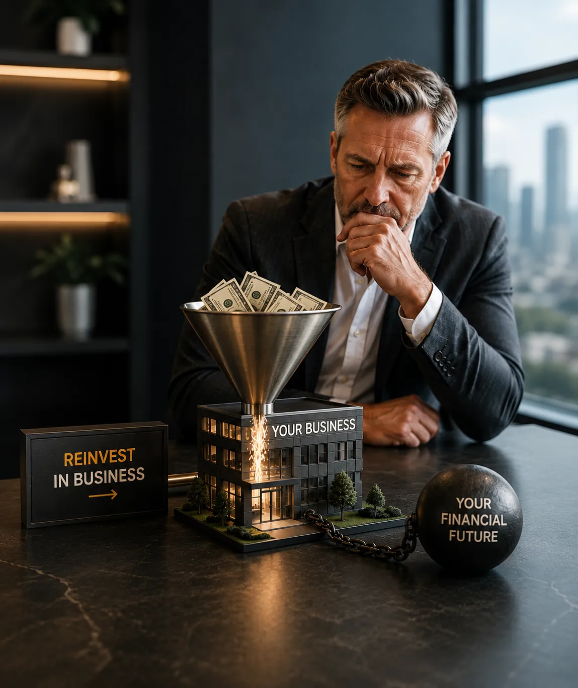 Business owner analyzing financial documents in an office setting