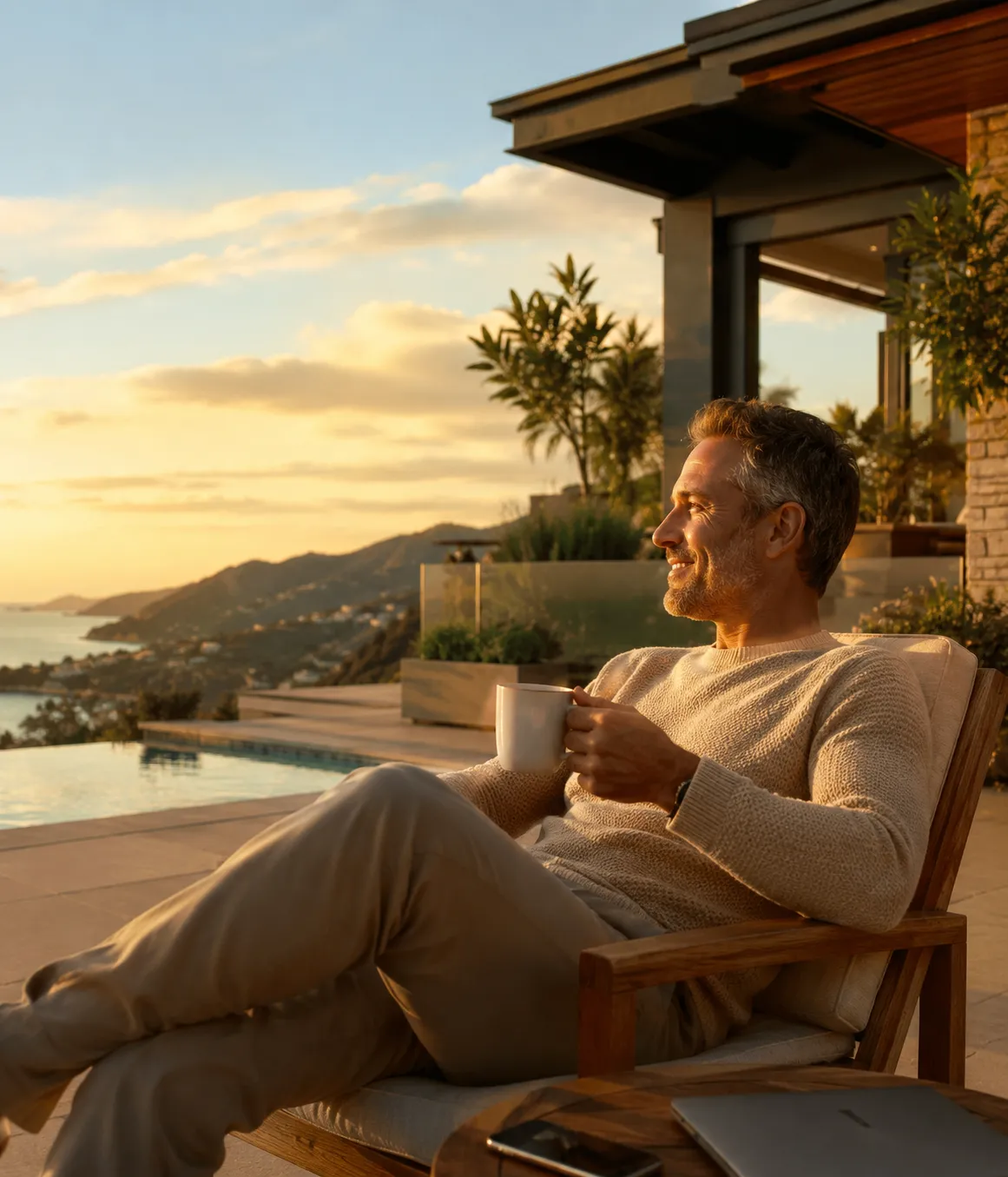 Mature business owner enjoying time away, representing a work-optional lifestyle