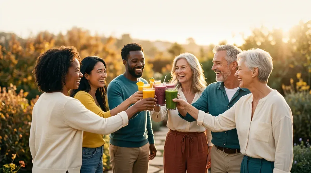Diverse group of people raising fresh smoothies in a cheers — the Health Reset Community walking the 30-day liquid diet together.
