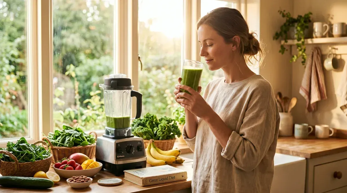Diverse group of people raising fresh smoothies in a cheers — the Health Reset Community walking the 30-day liquid diet together.