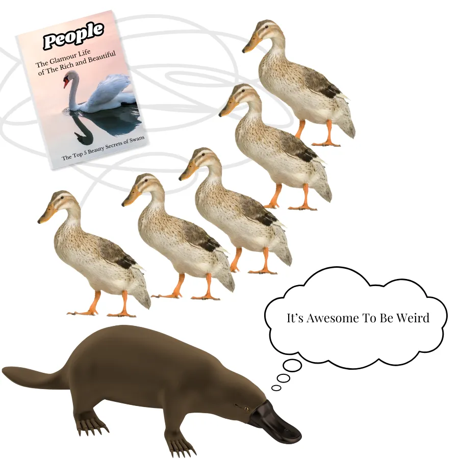 Duckbiilled Platypus thinking "It's awesome to be weird", with Ducks looking at a People magazine with a Front cover featuring a swan