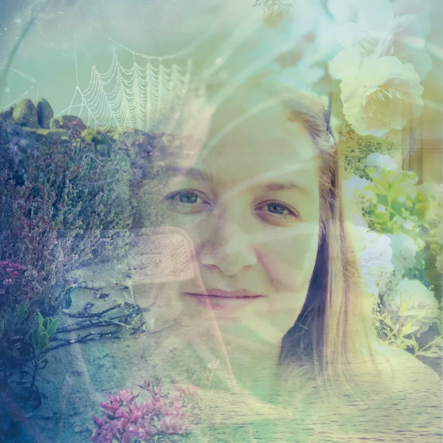 Blended image of Melanie, cobweb, flowers, chair