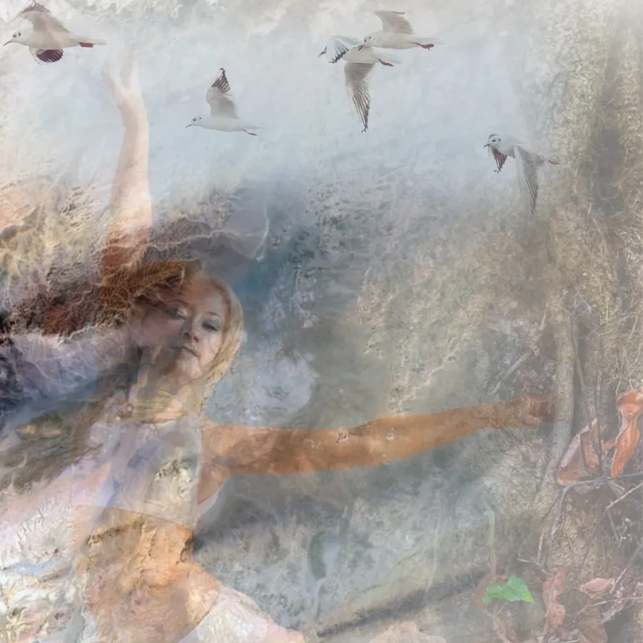 Blended image of girl and birds ethereal