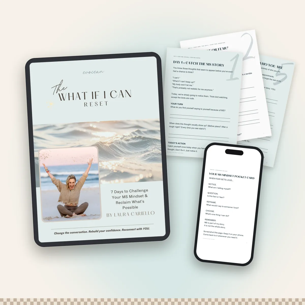 Lifestyle mockup of the digital workbook displayed on tablet and mobile phone in an active coastal setting