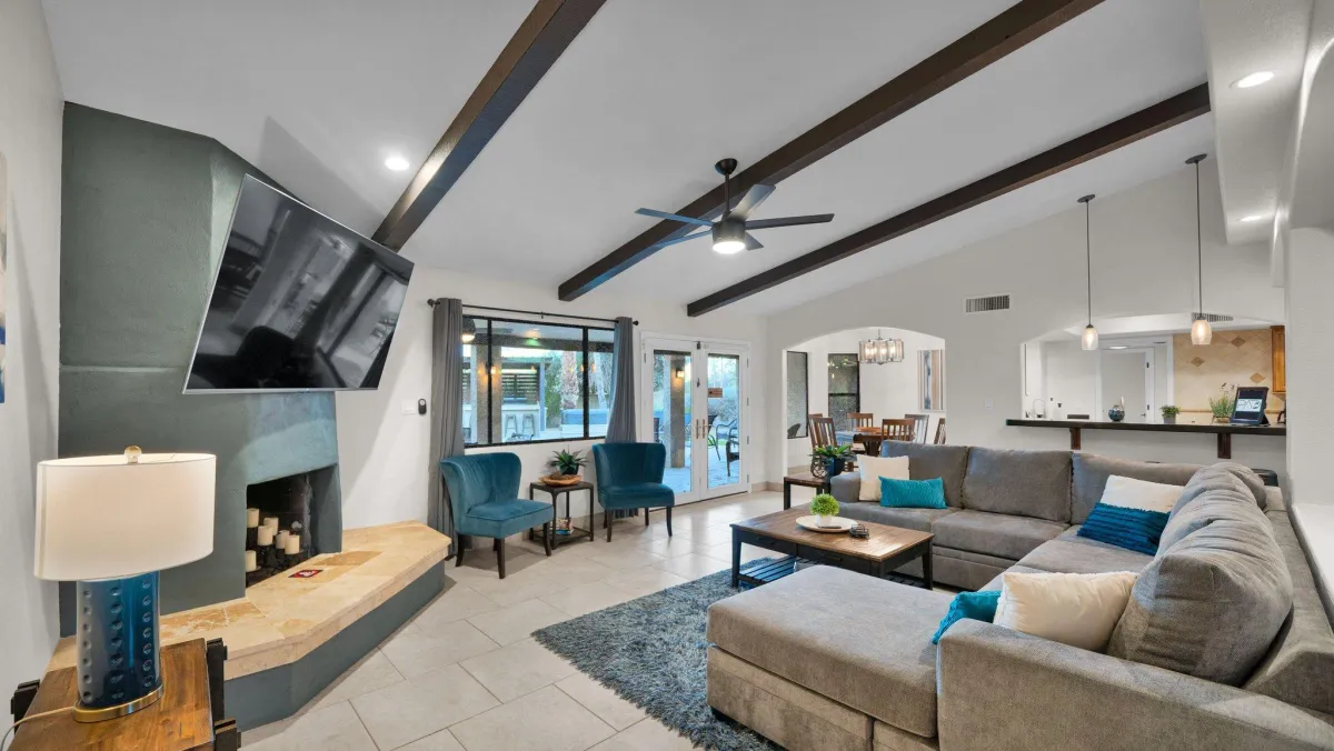 Home theater with reclining seats and a large screen
