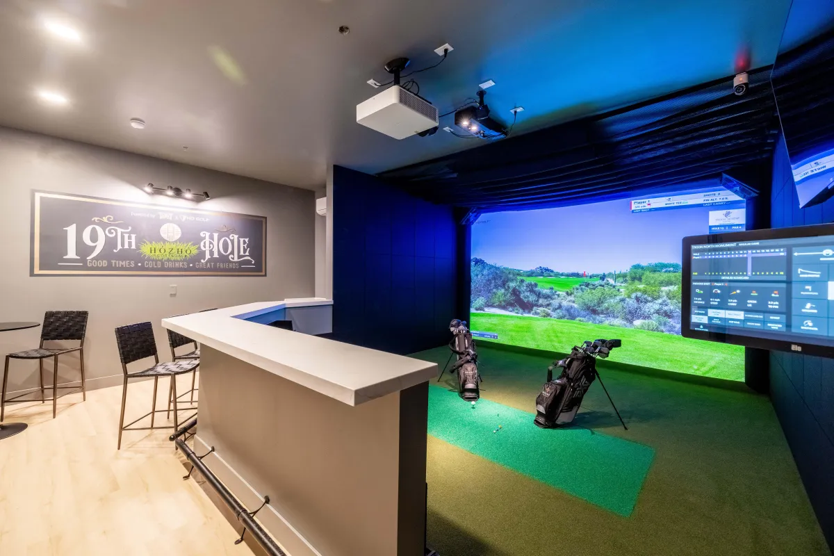 Golf simulator in an elegant entertainment space