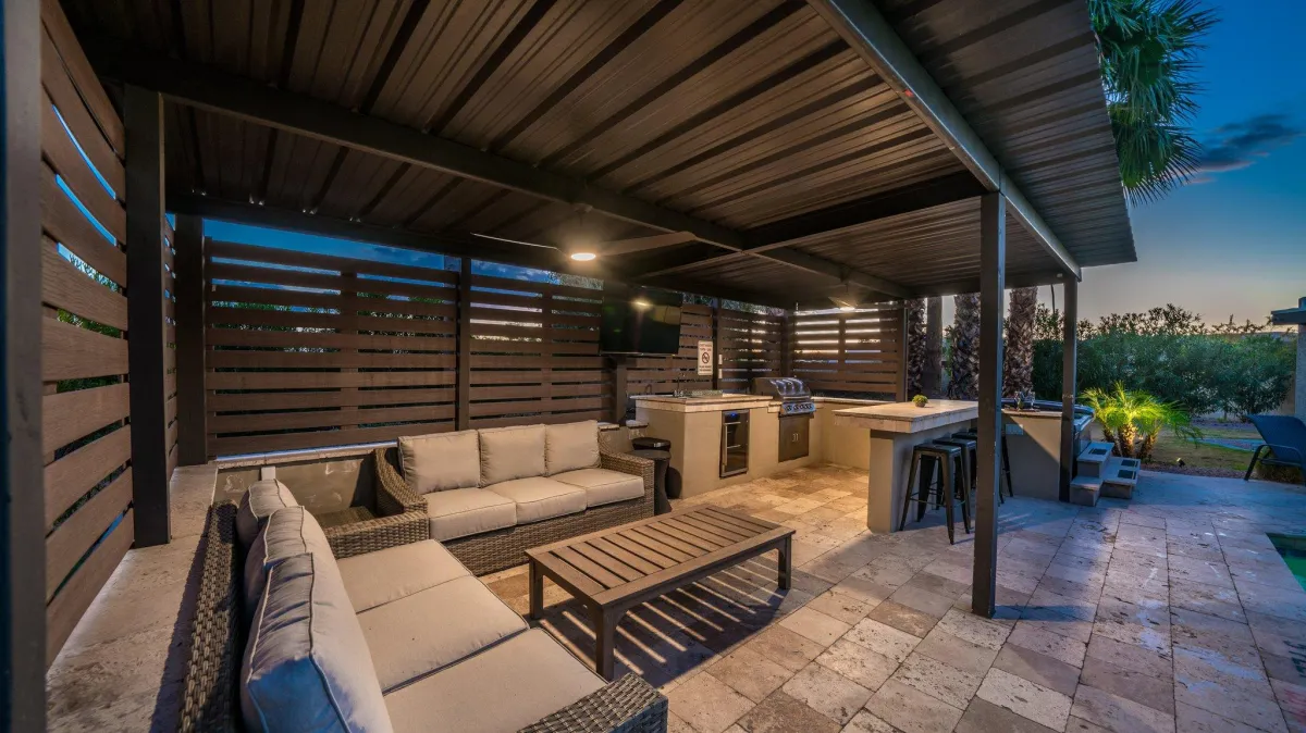 Outdoor bar area with ample seating and stylish decor