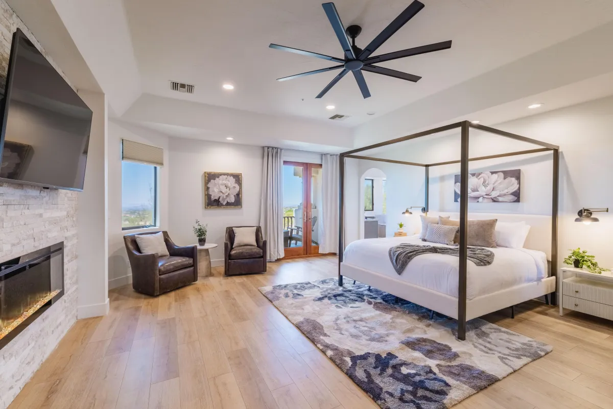 Master suite with luxurious bedding and amazing views