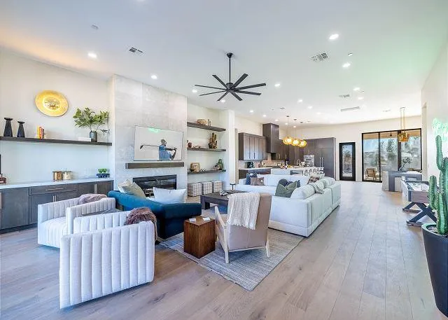 Spacious living room with elegant furnishings and natural light