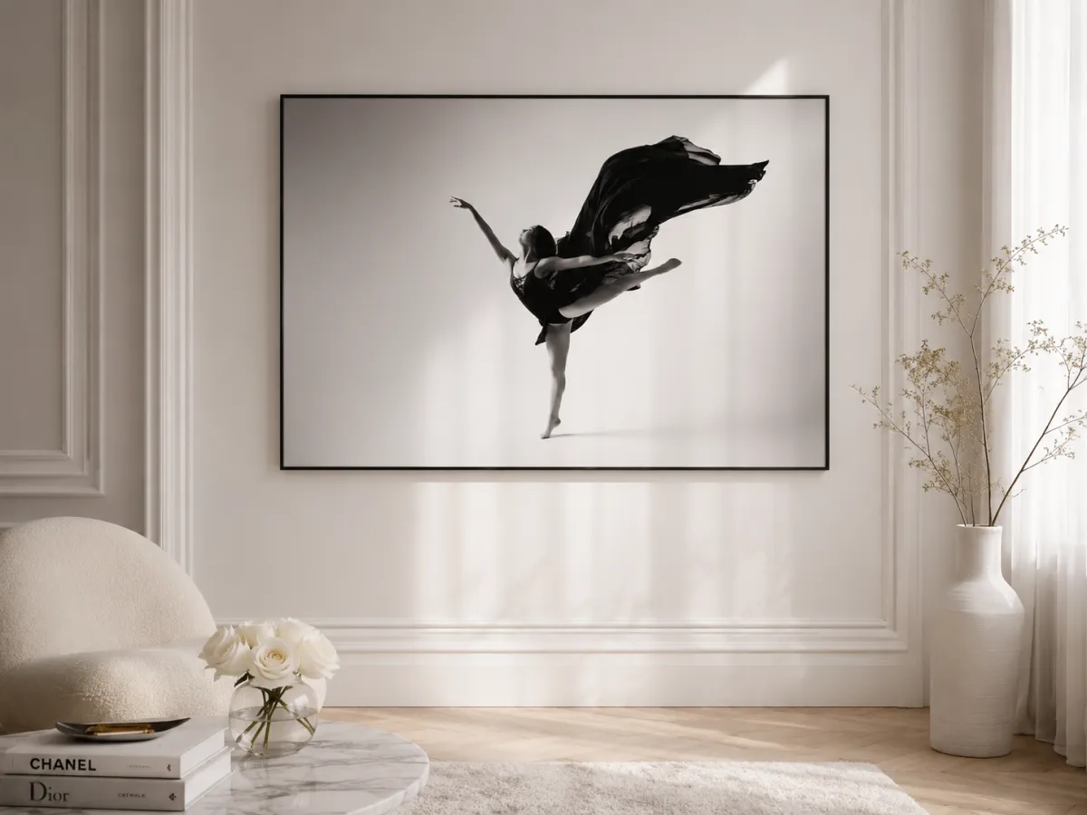 A dancer preparing for motion in a serene, quiet studio setting
