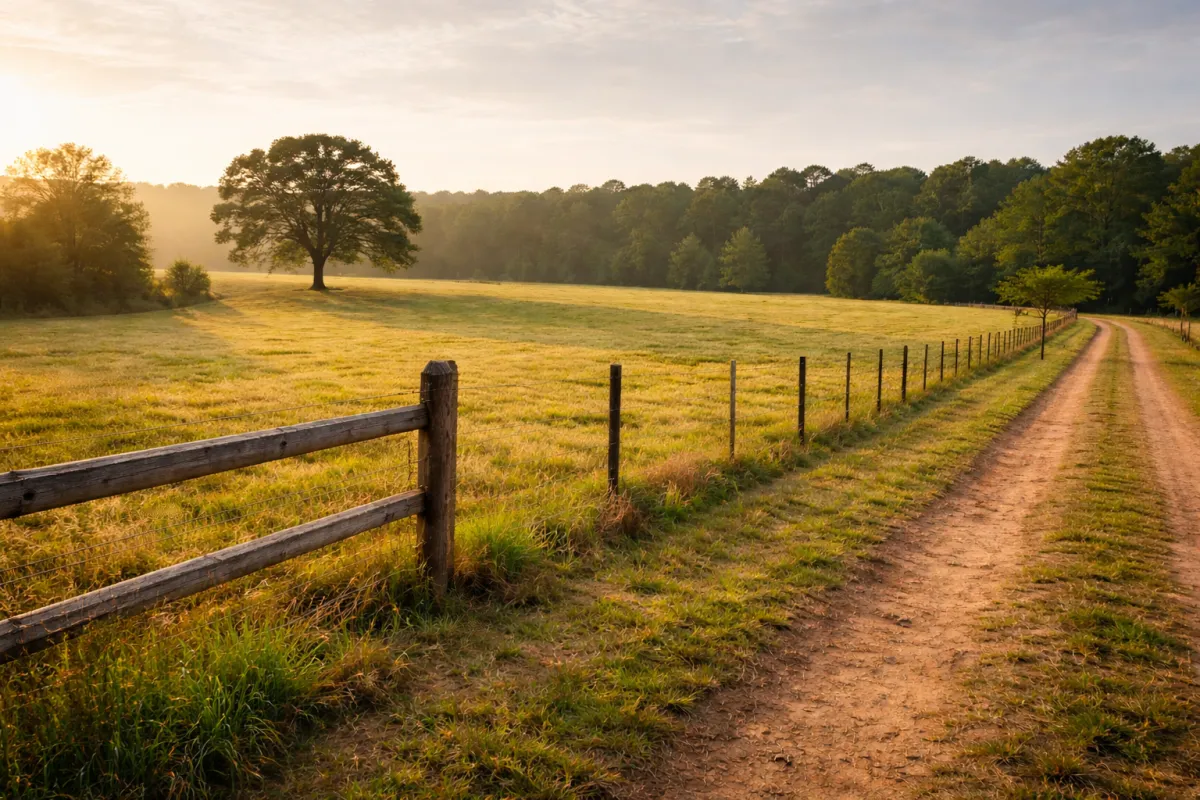 Open land with trees and soft sunlight