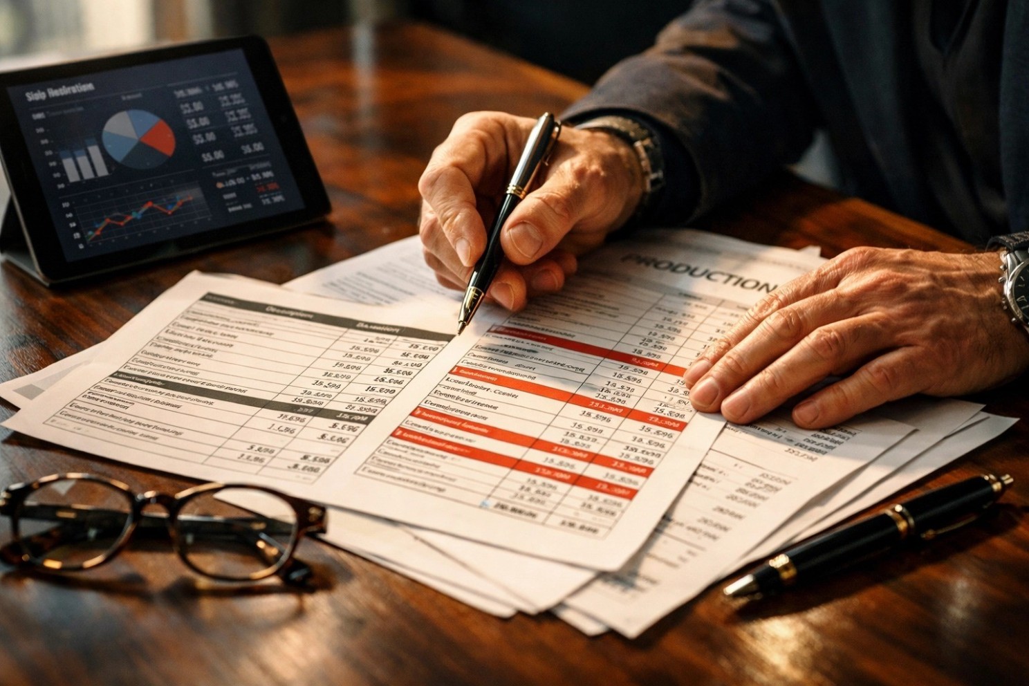 man's hands looking over a production budget