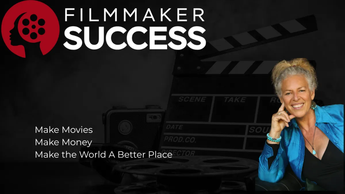 Filmmaker Success logo and slogan with Joanne Butcher over a film clapper and film camera background