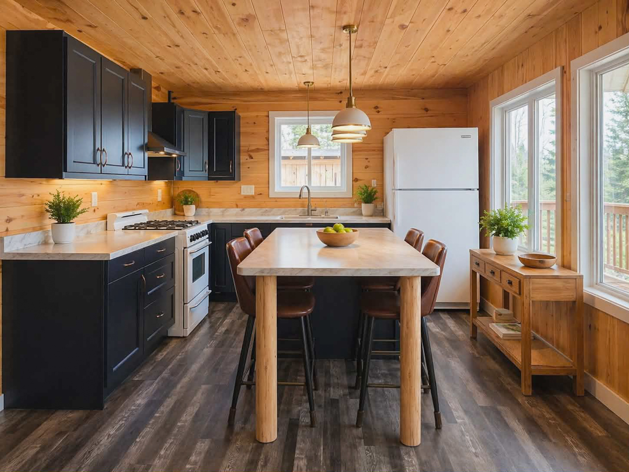 a living room filled with furniture and a kitchen