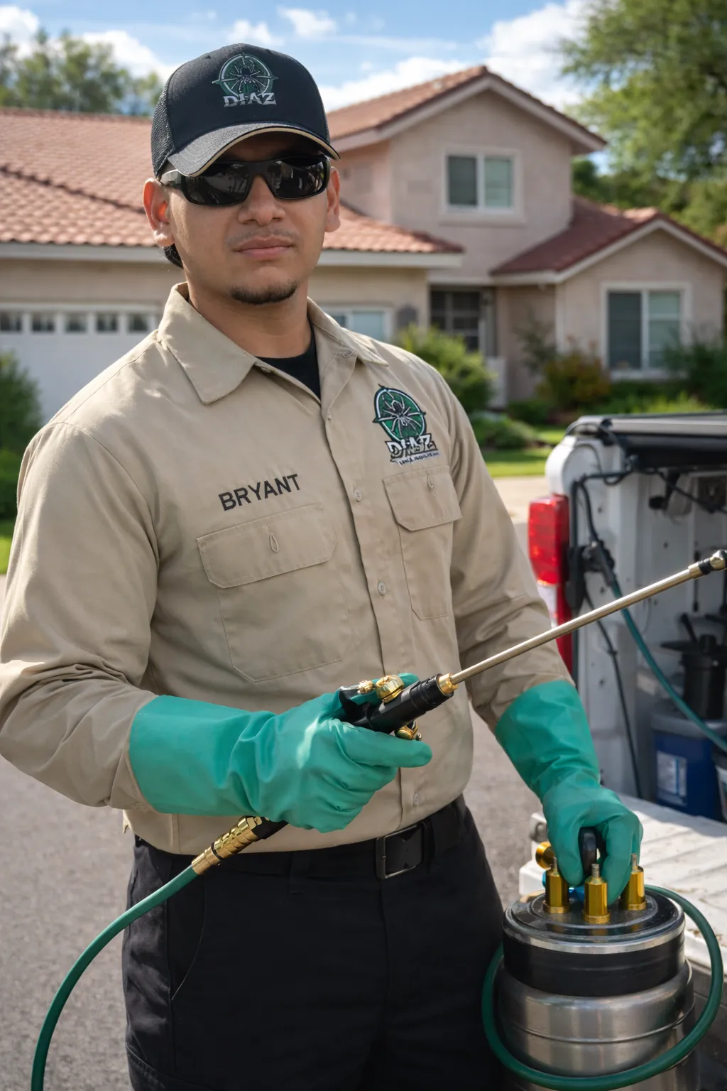 A professional pest control technician from Diaz Pest Services spraying eco-friendly treatment around a suburban home. Providing residential and commercial pest control services in he Inland Empire, includingSan Bernardino, Fontana and Rialto