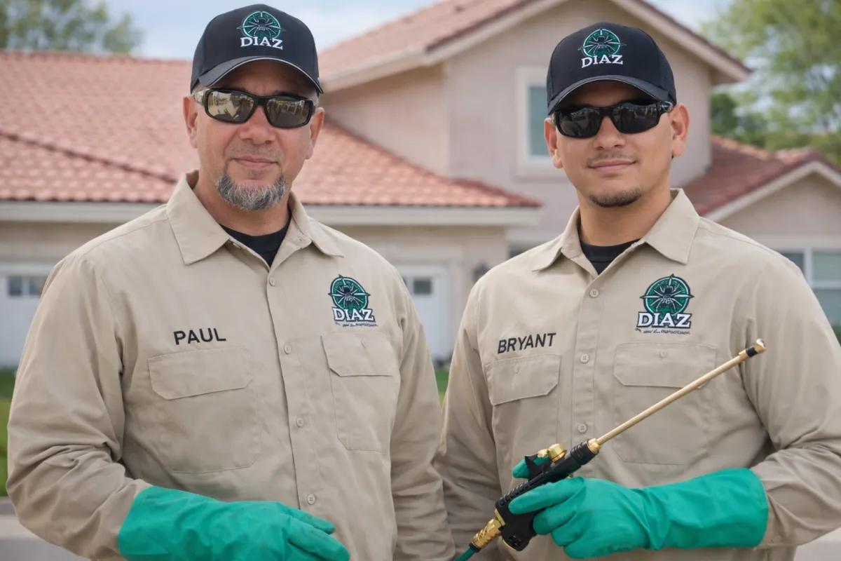 A professional pest control technician from Diaz Pest Services spraying eco-friendly treatment around a suburban home. Providing residential and commercial pest control services in he Inland Empire, includingSan Bernardino, Fontana and Rialto