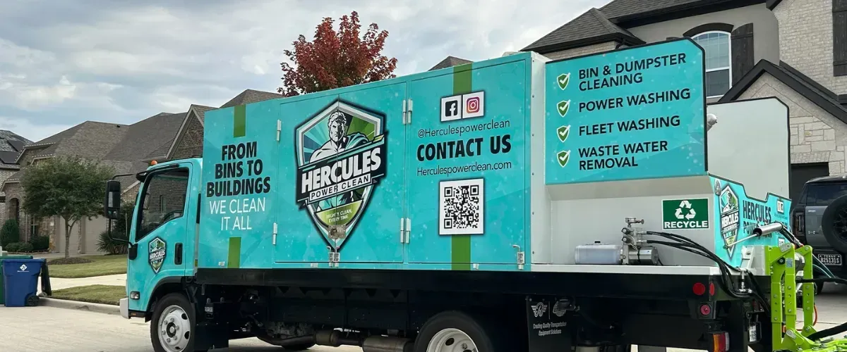 Hercules Power Clean truck parked curbside offering bin and dumpster cleaning services