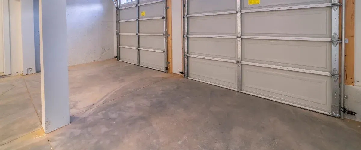Clean and empty residential garage with concrete floor and closed garage doors.