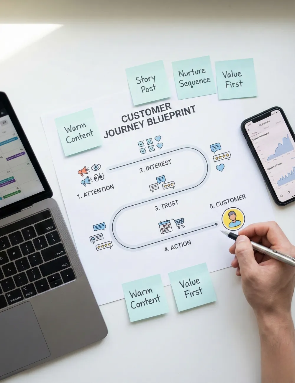 Flat lay of a laptop, smartphone, and marketing notes illustrating a connected demand generation and sales system.