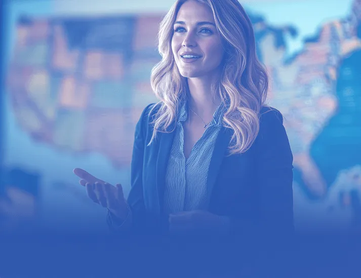 A focused investor gazing at the horizon with a map of the United States behind her, discovering the top real estate markets for 2025 and planning strategic investment opportunities.