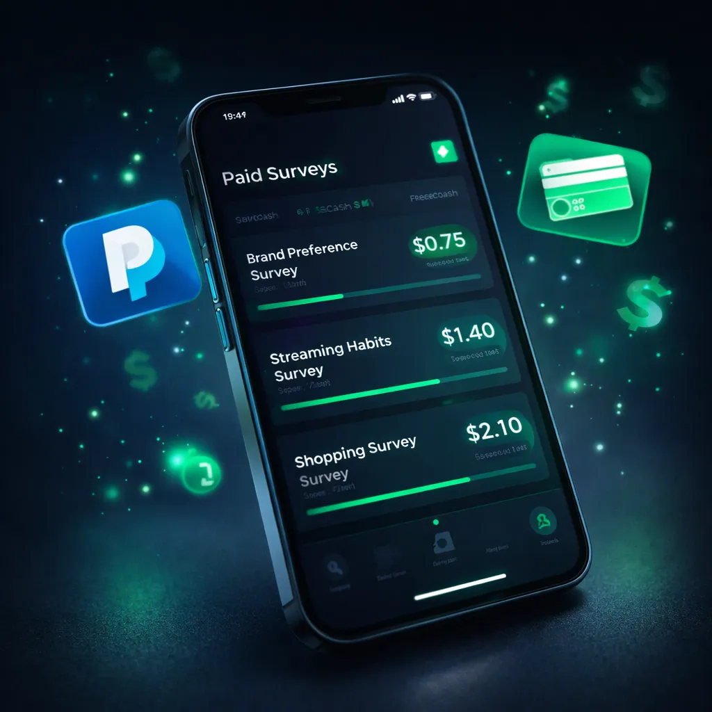 Paid online surveys dashboard showing survey rewards on smartphone