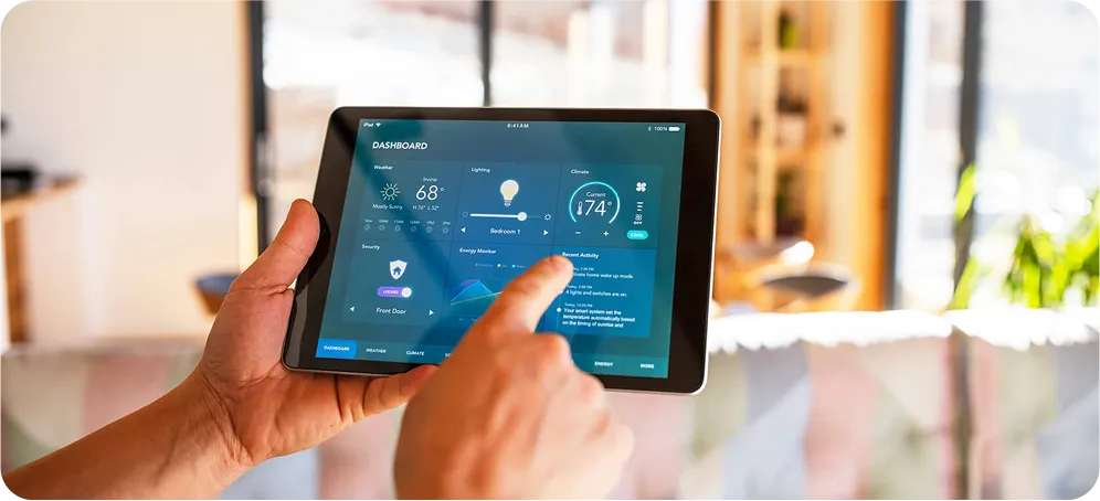 Floating tablet showing smart home safety dashboard