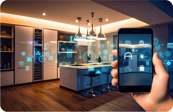 Floating smartphone showing AI home safety controls in kitchen