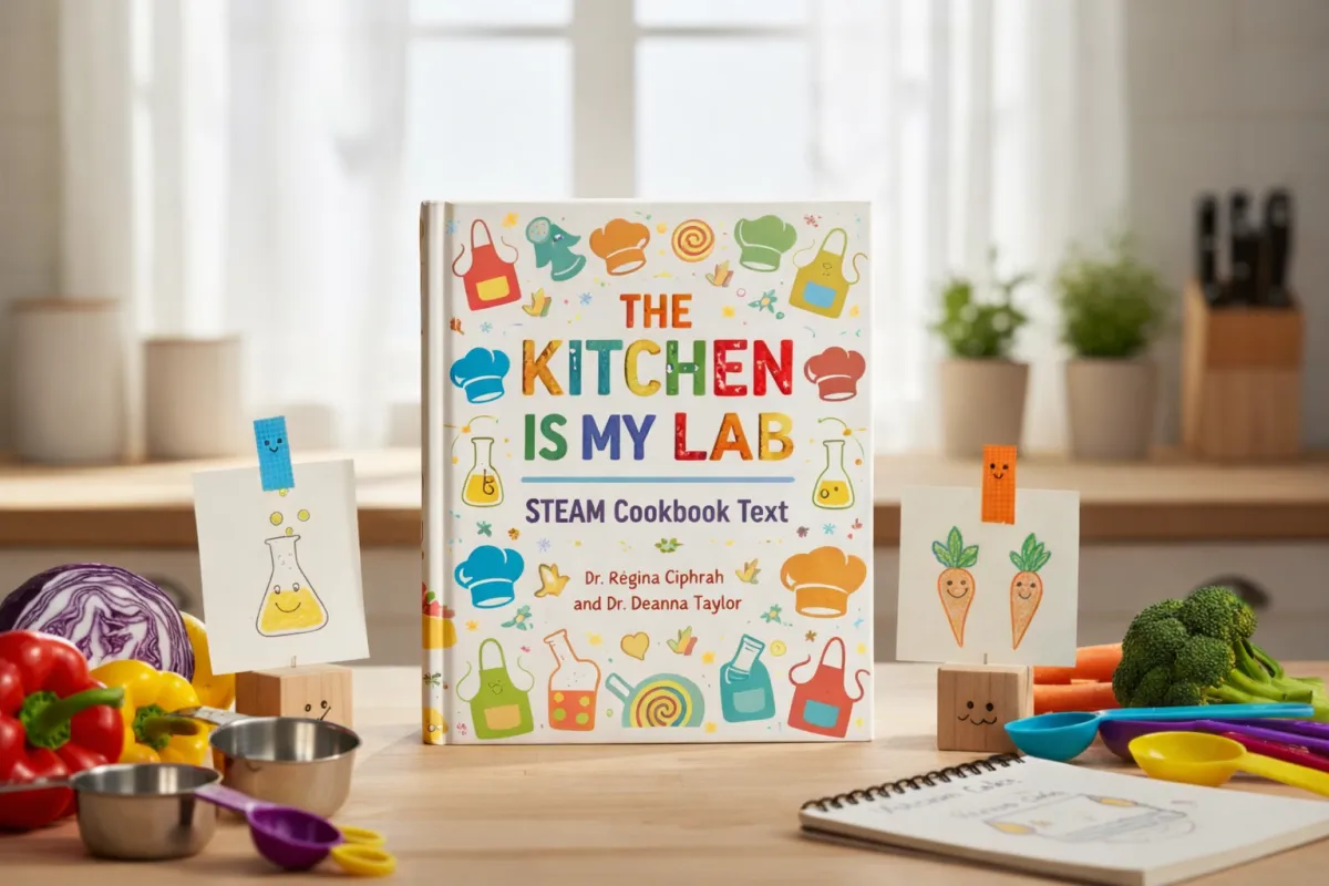 The Kitchen Is My Lab STEAM cookbook cover mockup on a kitchen counter with fresh ingredients.