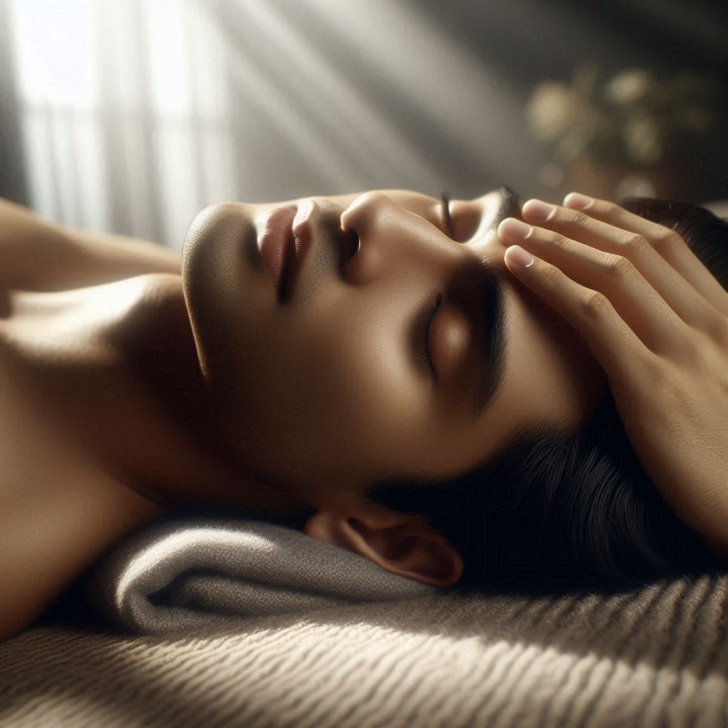 Illustration of a practitioner touching the head of a patient. 