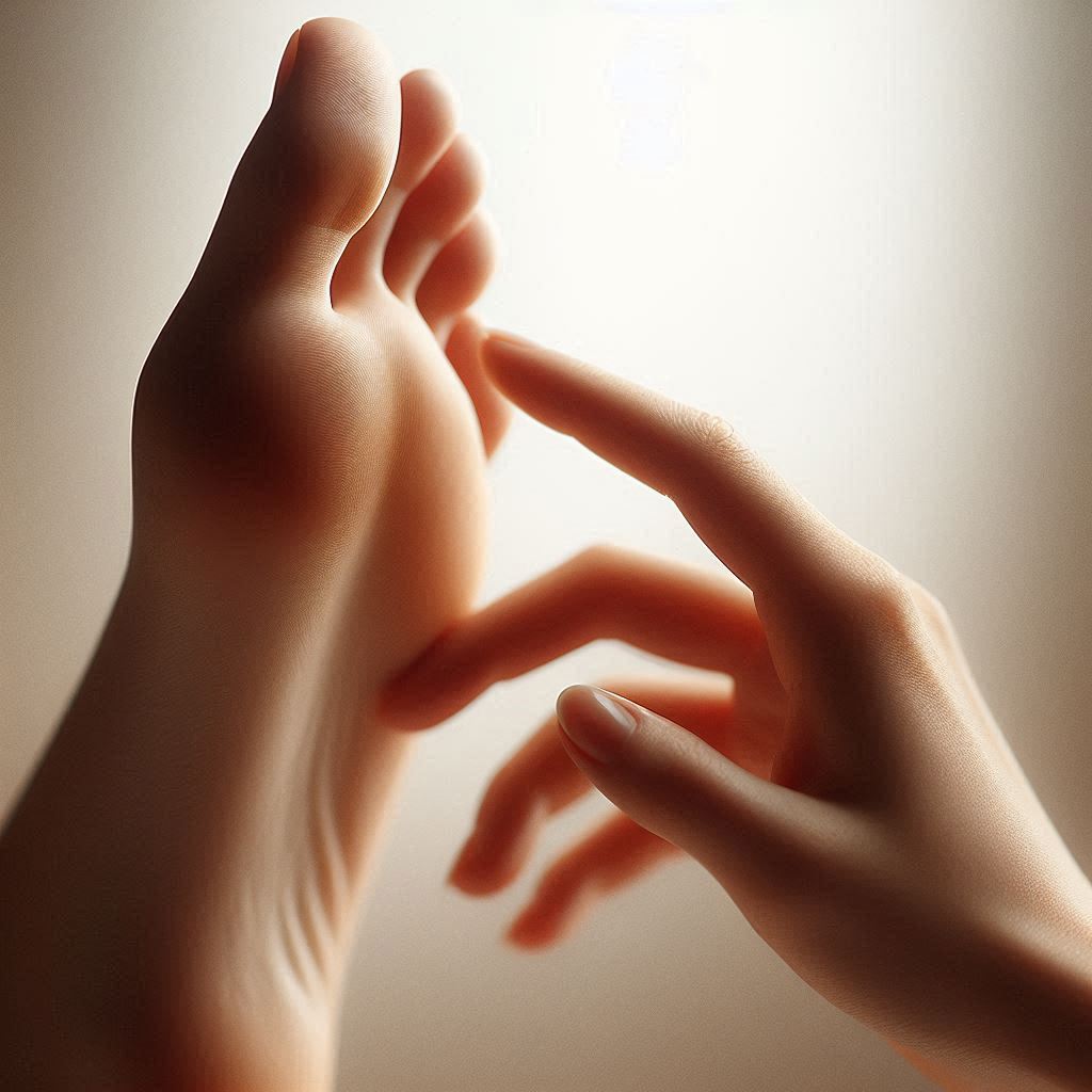 Illustration of a patient touching the foot and toes.