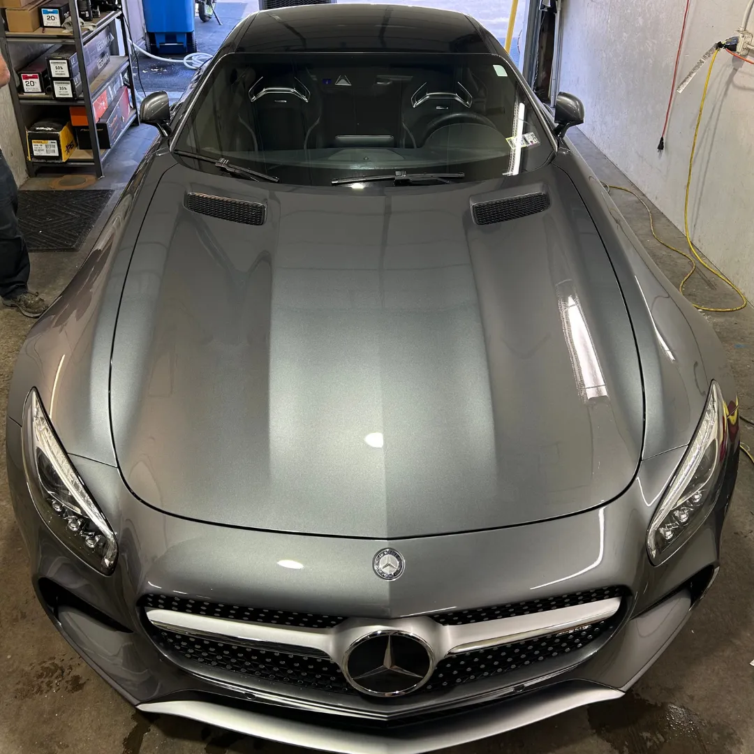 Gray Mercedes-Benz sports car showcasing a pristine paint finish, highlighting the benefits of paint protection film (PPF) installation by Alpha Shielding LLC in Bend, Oregon.