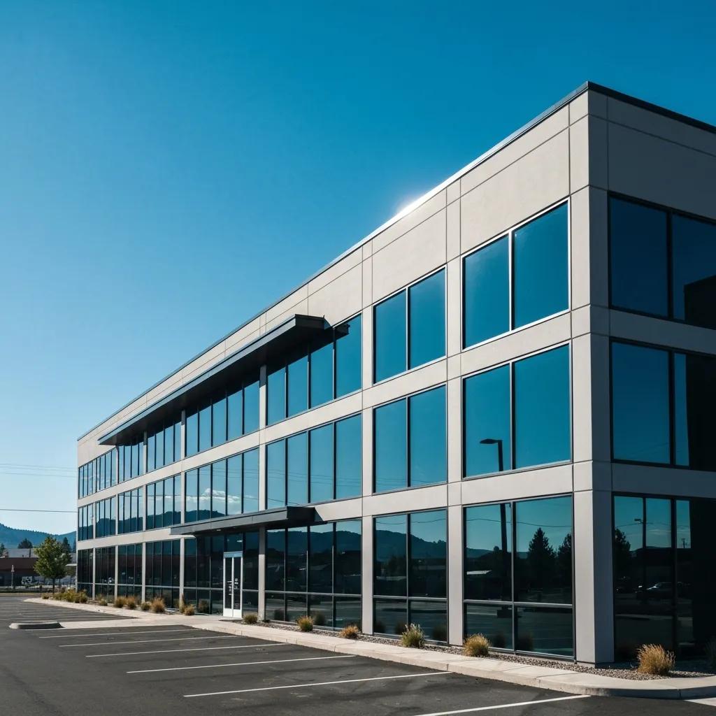 Modern commercial building exterior with large reflective windows in Bend, Oregon, illustrating potential for window tinting solutions.