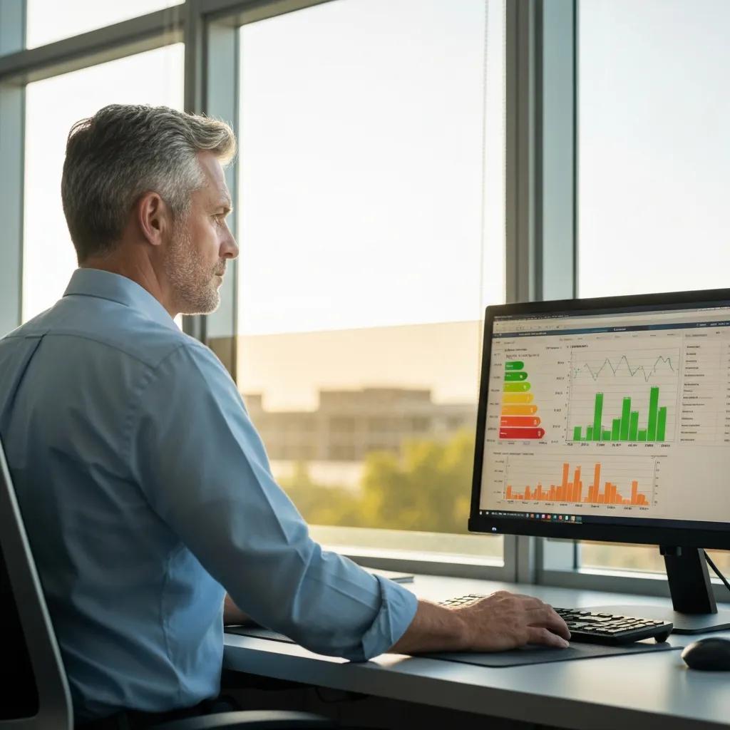 Professional man working at a desk with a computer, analyzing productivity metrics and graphs, sunlight filtering through large windows, emphasizing energy efficiency and glare reduction in office spaces.