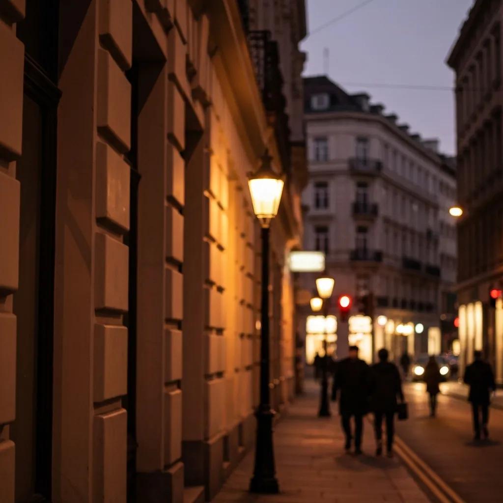 Street scene at dusk with illuminated lampposts, pedestrians walking, and historic architecture in the background, reflecting a vibrant urban atmosphere.
