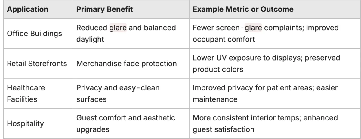 Table summarizing applications of commercial window film, highlighting primary benefits like glare reduction for offices, merchandise fade protection for retail, privacy for healthcare, and guest comfort for hospitality