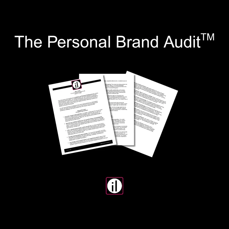 Floating grayscale document layers representing the Personal Brand Audit™ intake deliverables