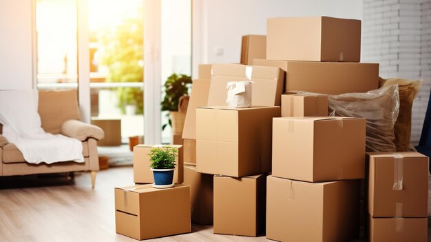 Family with moving boxes outside a welcoming new home on a tree-lined street, ready to start their new chapter, 600x400