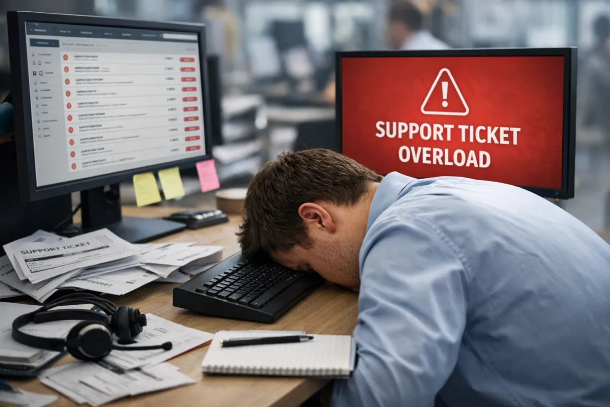 person overwhelmed with support tickets