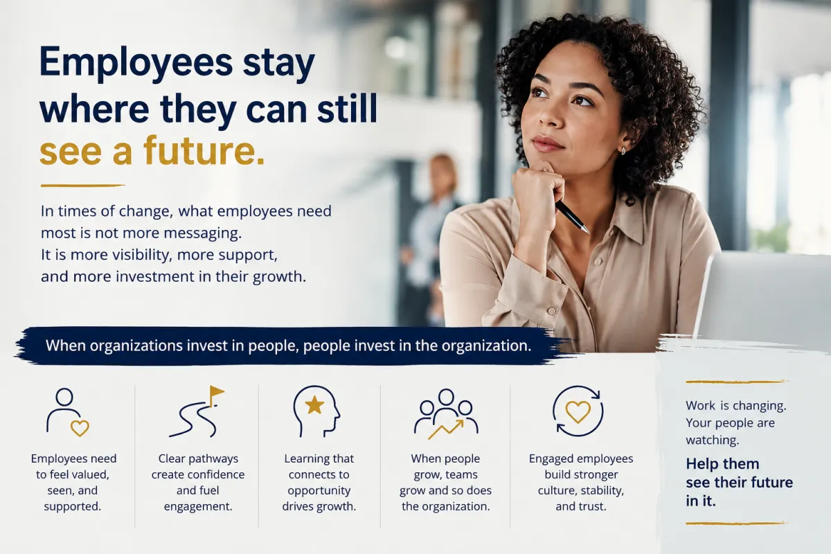 Professional infographic highlighting employee engagement, continuous learning, career growth, and workforce stability during organizational transformation and AI driven change.