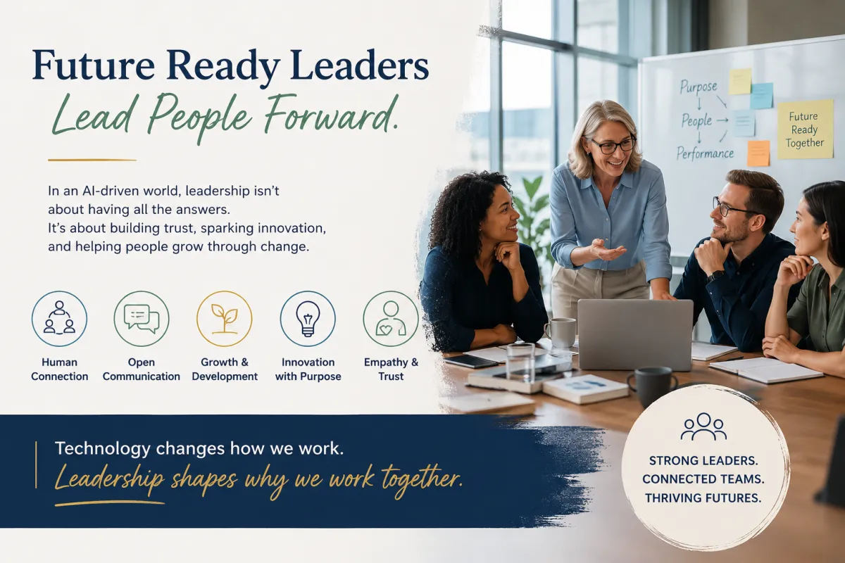Professional leadership development graphic featuring a diverse leadership team collaborating in a modern office while discussing strategy and workforce growth. The image highlights themes of human centered leadership, communication, trust, coaching, innovation, and future ready leadership in an AI driven workplace.