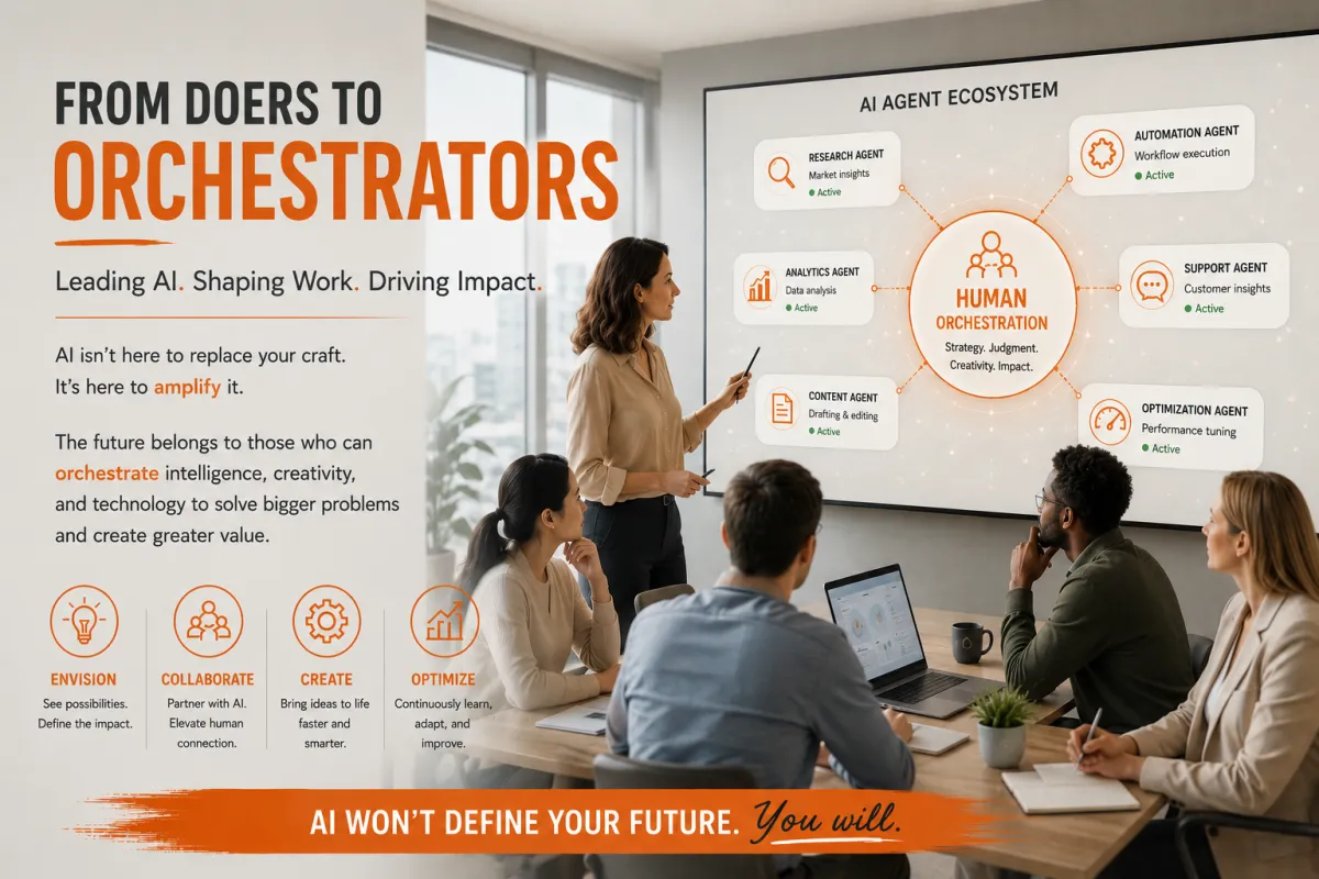 team in an office going over an AI agent ecosystem; leader sharing their job is not to be a doer, but an orchestrator of AI.