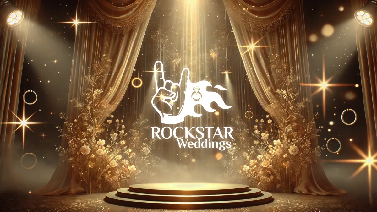 A joyful couple dancing at their wedding, surrounded by friends from Salsa Nation, celebrating with laughter and music