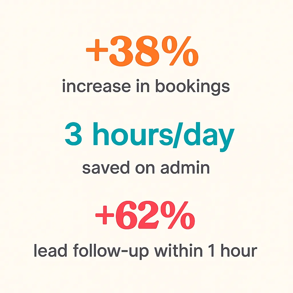 increased bookings, saved on admins, lead follow up within 5 minutes