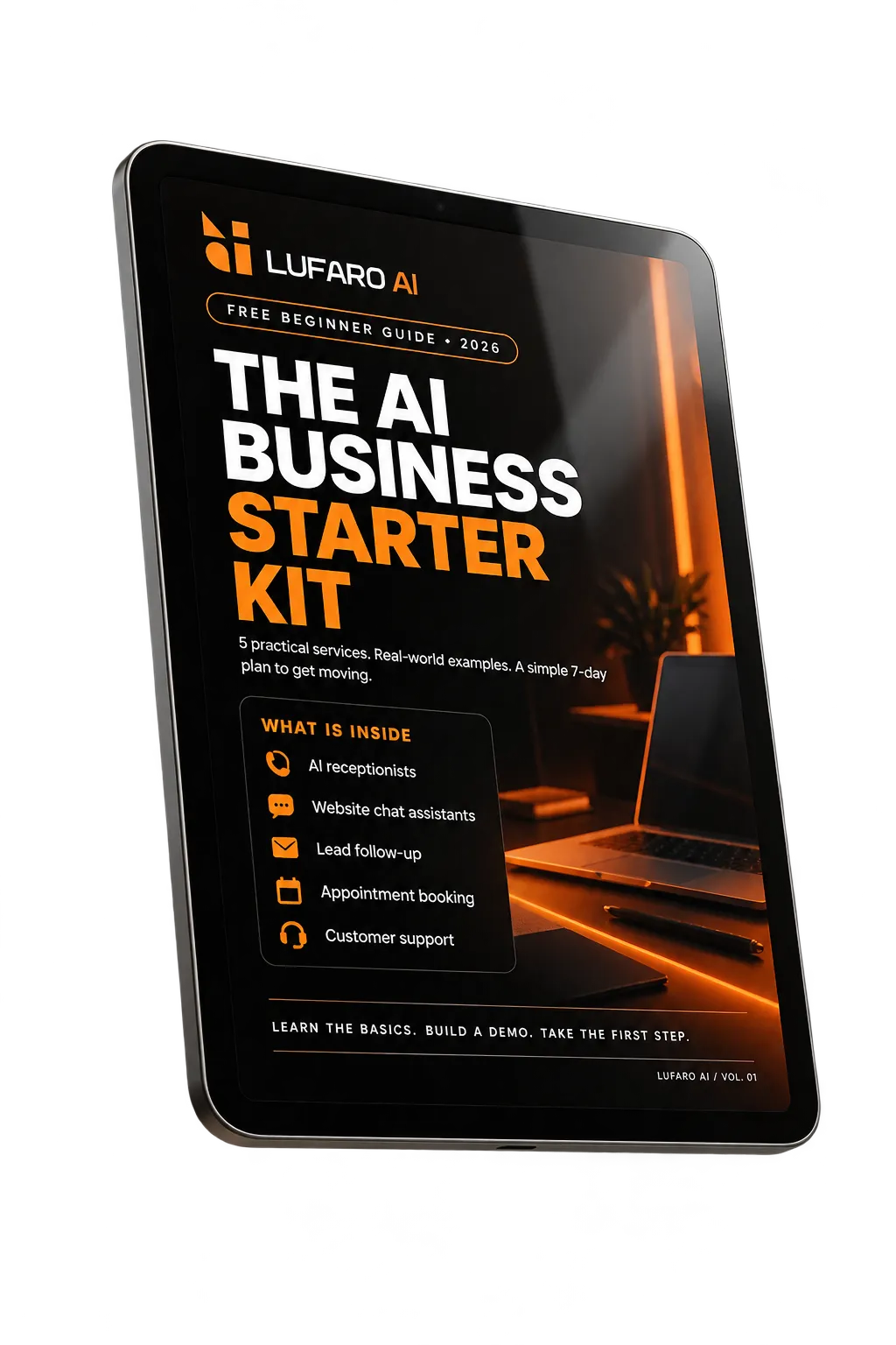 Floating 3D Mockup of the LUFARO AI Business Starter Kit PDF Guide with subtle ambient orange glow